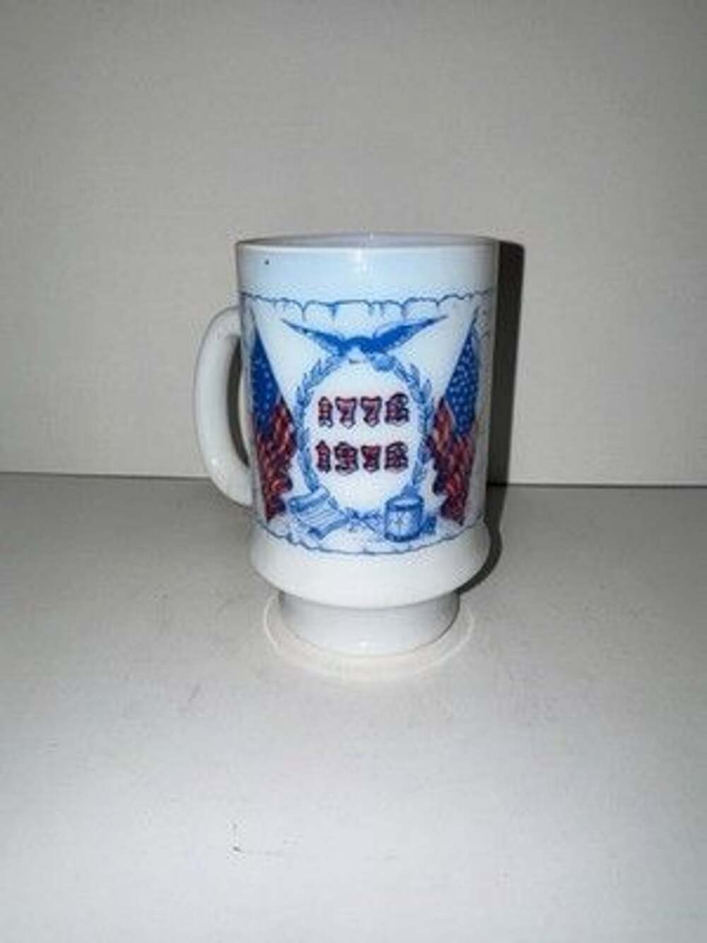 Vintage Bicentennial Milk Glass Mug 1776-1976 Spirit of Liberty Red White Blue